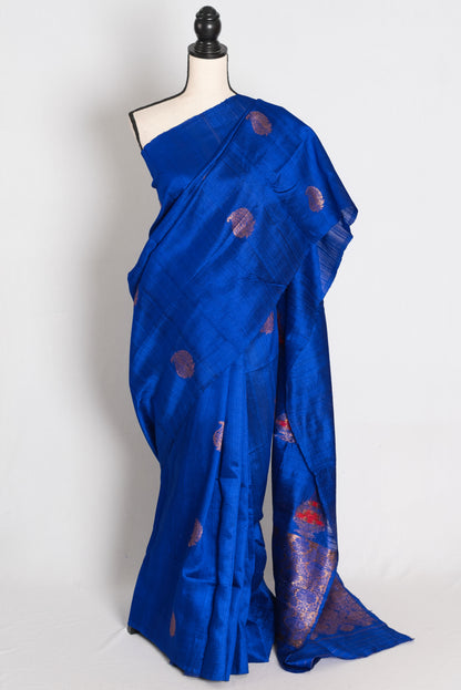 Tia : Royal Blue Borderless Pure Raw Silk Banarasi Saree | Antique Gold Zari image 0