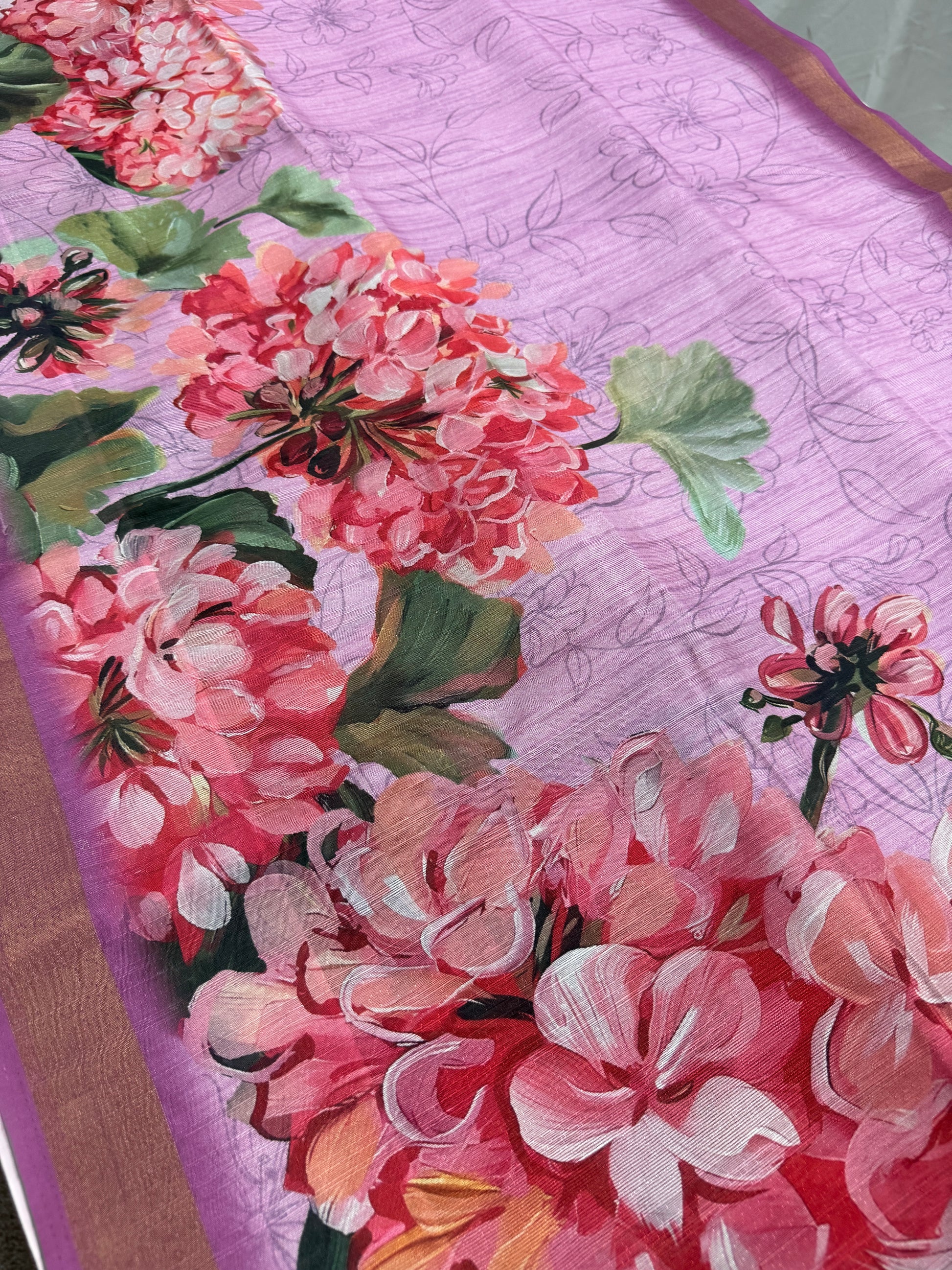 Lila | Lavender & Pink Floral Printed Semi Tussar Saree image 1