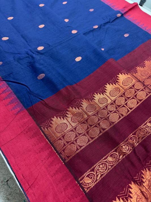 Hema : Blended Cotton Gadwal Saree in Midnight Blue and Dark Red image 0