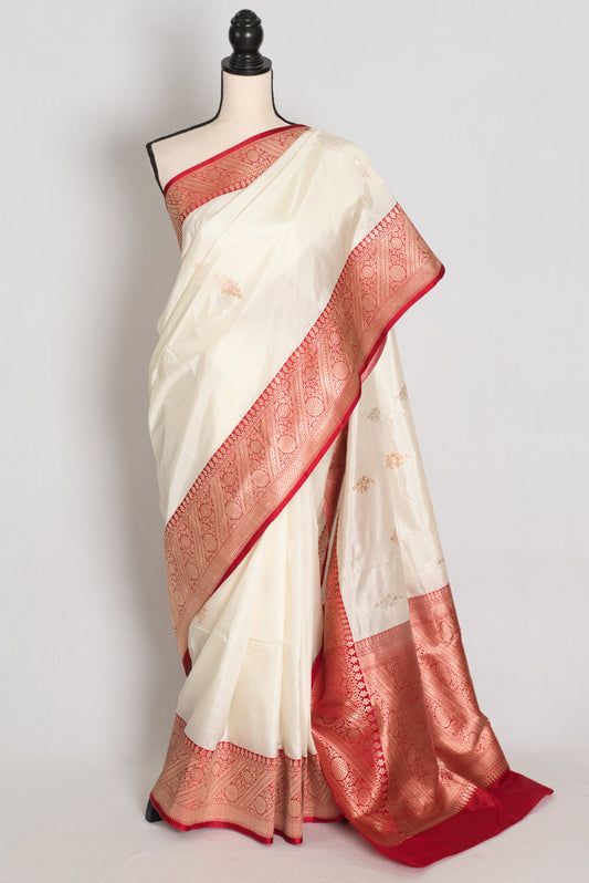 Stuti : White and Red Handwoven Pure Silk Banarasi Saree | Silk Mark Certified image 0
