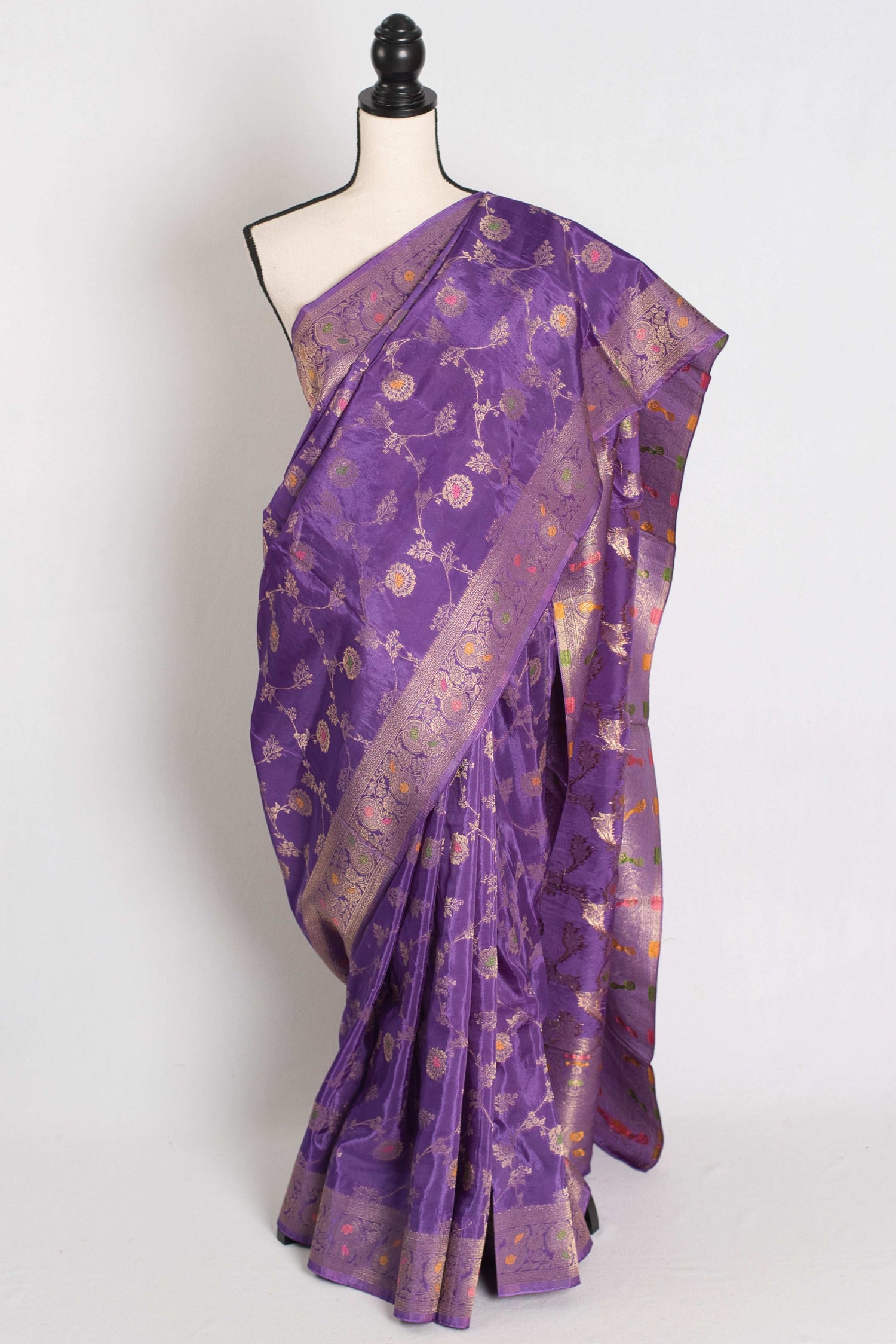 Amrita : Semi Crepe Silk Jaal Banarasi Saree in Purple and Gold image 0