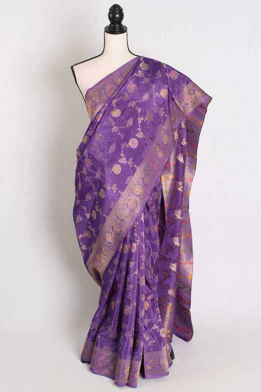 Amrita : Semi Crepe Silk Jaal Banarasi Saree in Purple and Gold image 0