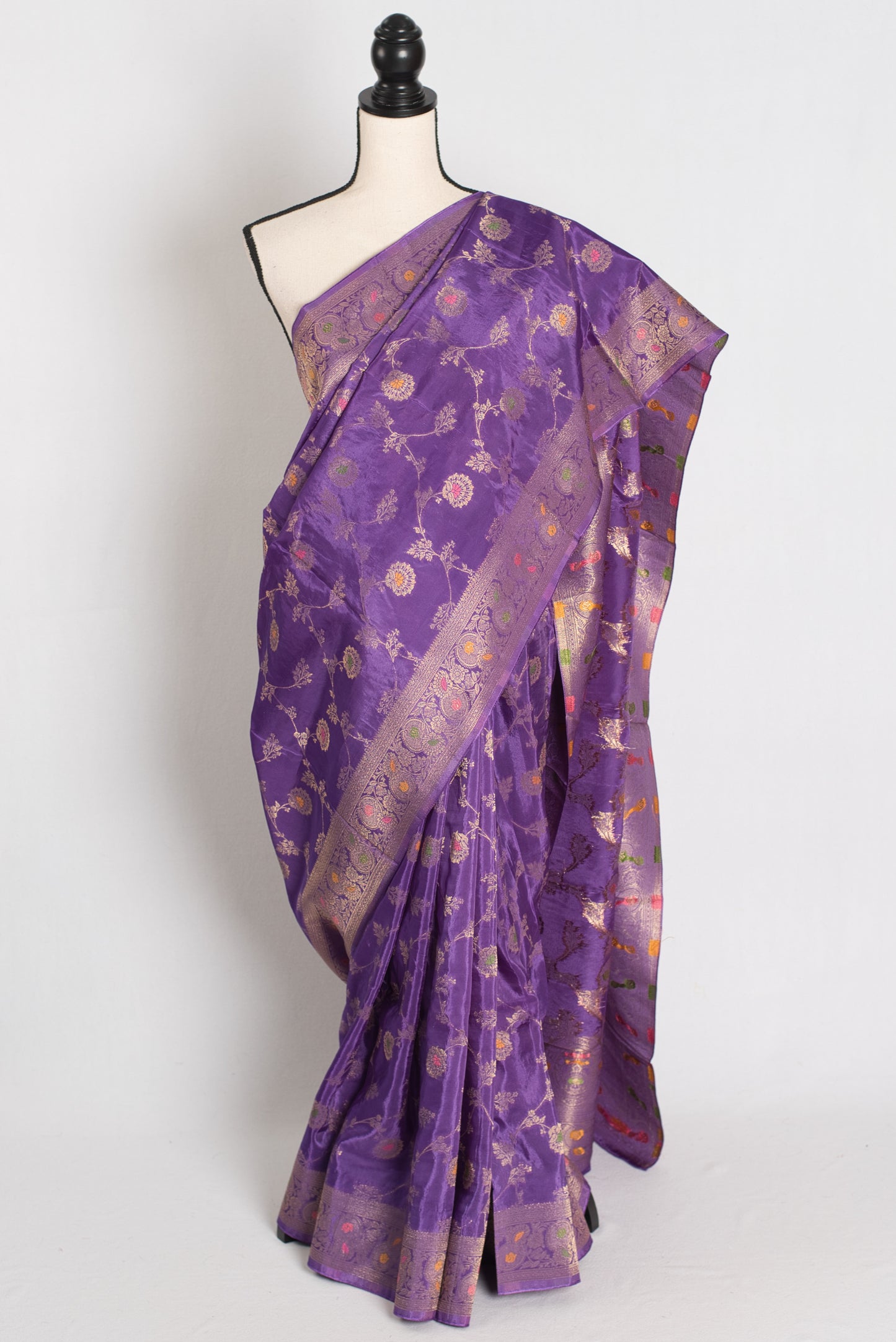 Amrita : Semi Crepe Silk Jaal Banarasi Saree in Purple and Gold image 0
