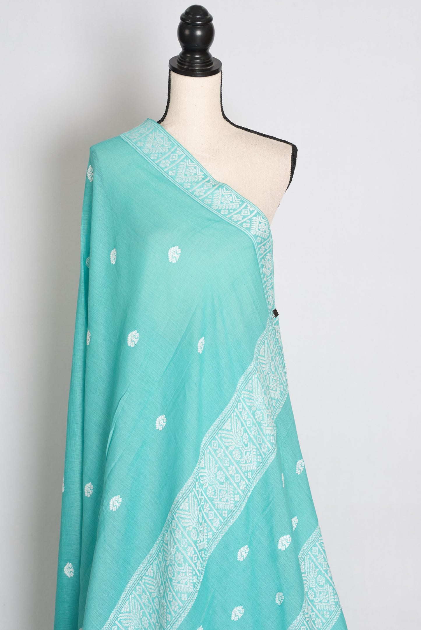 Ashmi : Sea Green & White Soft Pure Cotton Handloom Assamese Saree image 4