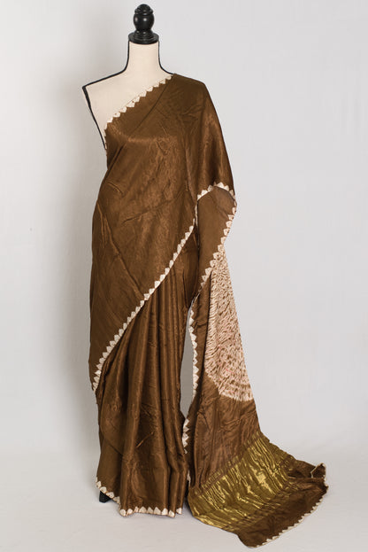 Banu: Brown Hand Shibori Modal Silk Designer Saree | Bollywood Style image 0