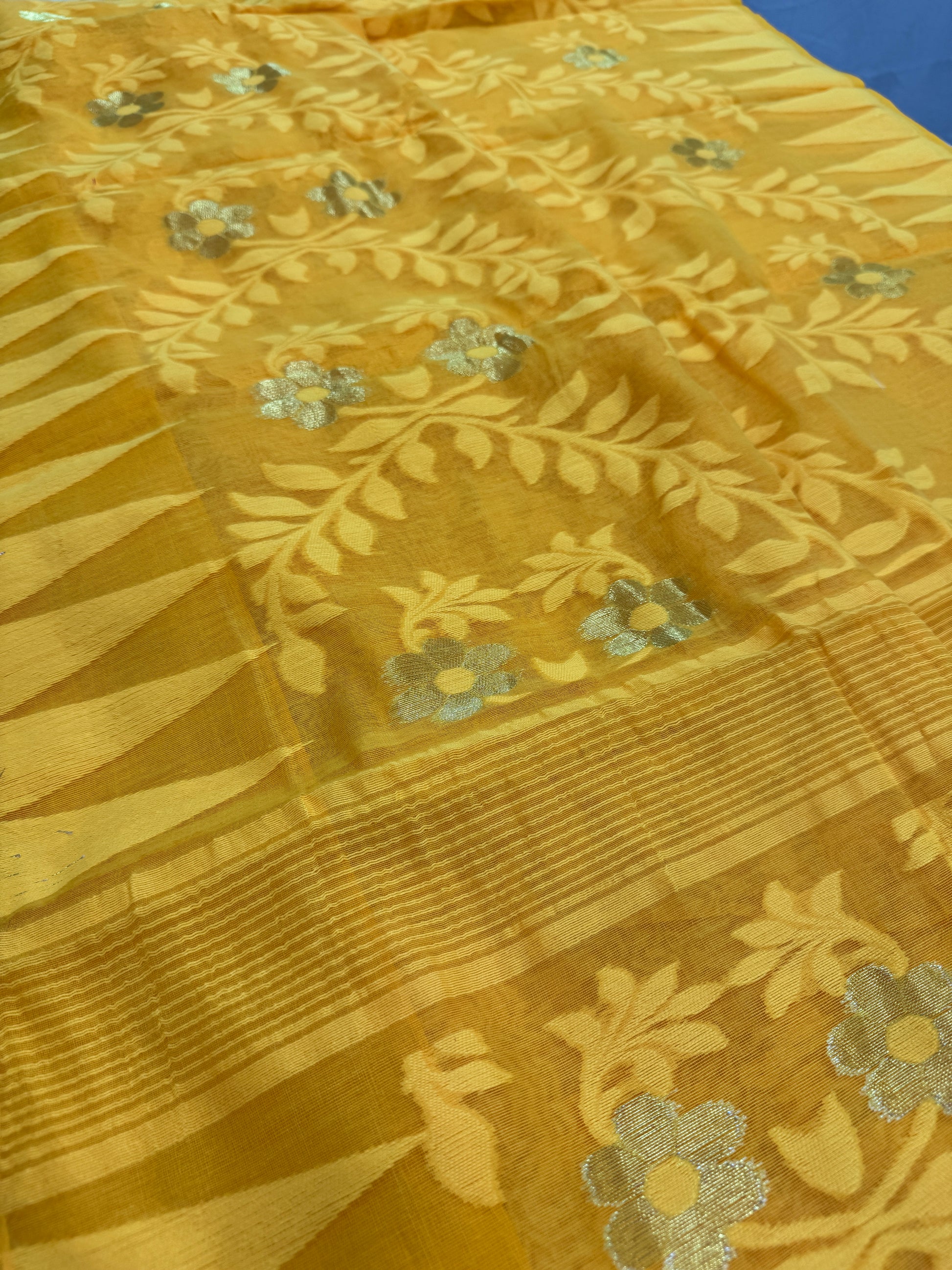 Jaya : Bright Yellow and Gold Blended Soft Cotton Jamdani Saree image 5