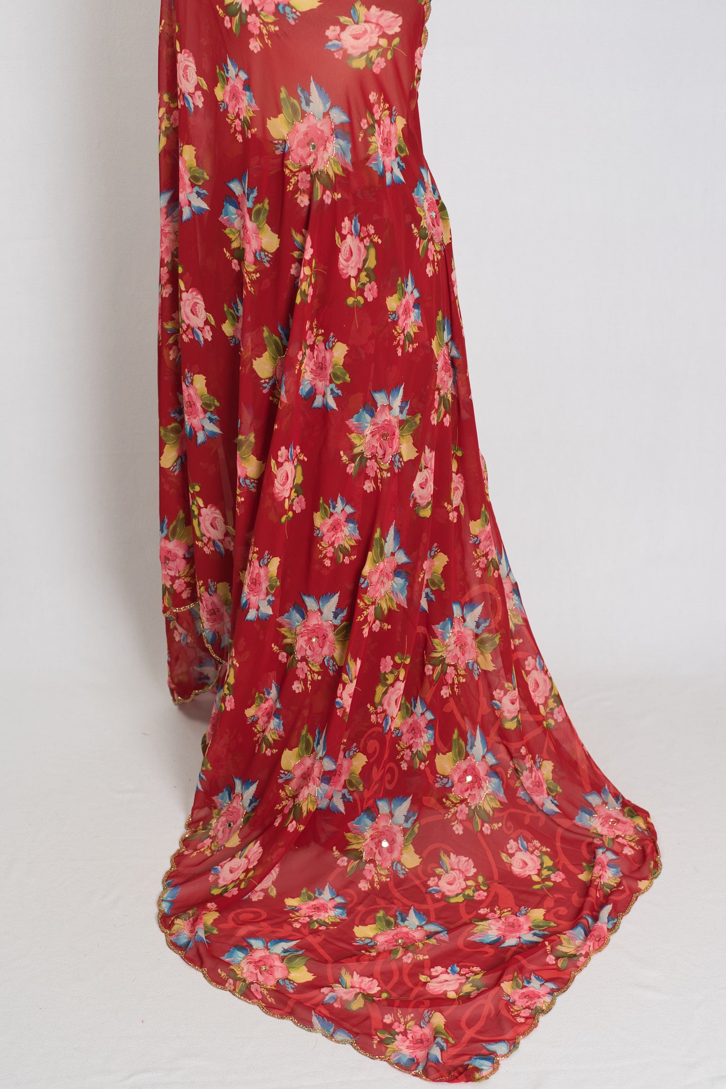 Vibha : Red Floral Georgette Designer Embroidery Saree image 2