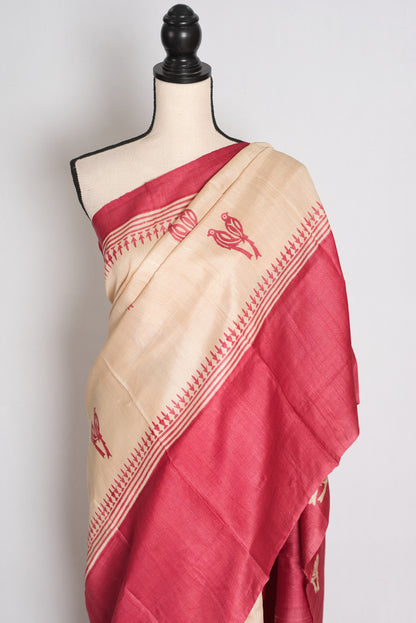 Mahi : Cream and Pink Bird Block Printed Tussar Silk Saree with 38 Size Blouse image 3