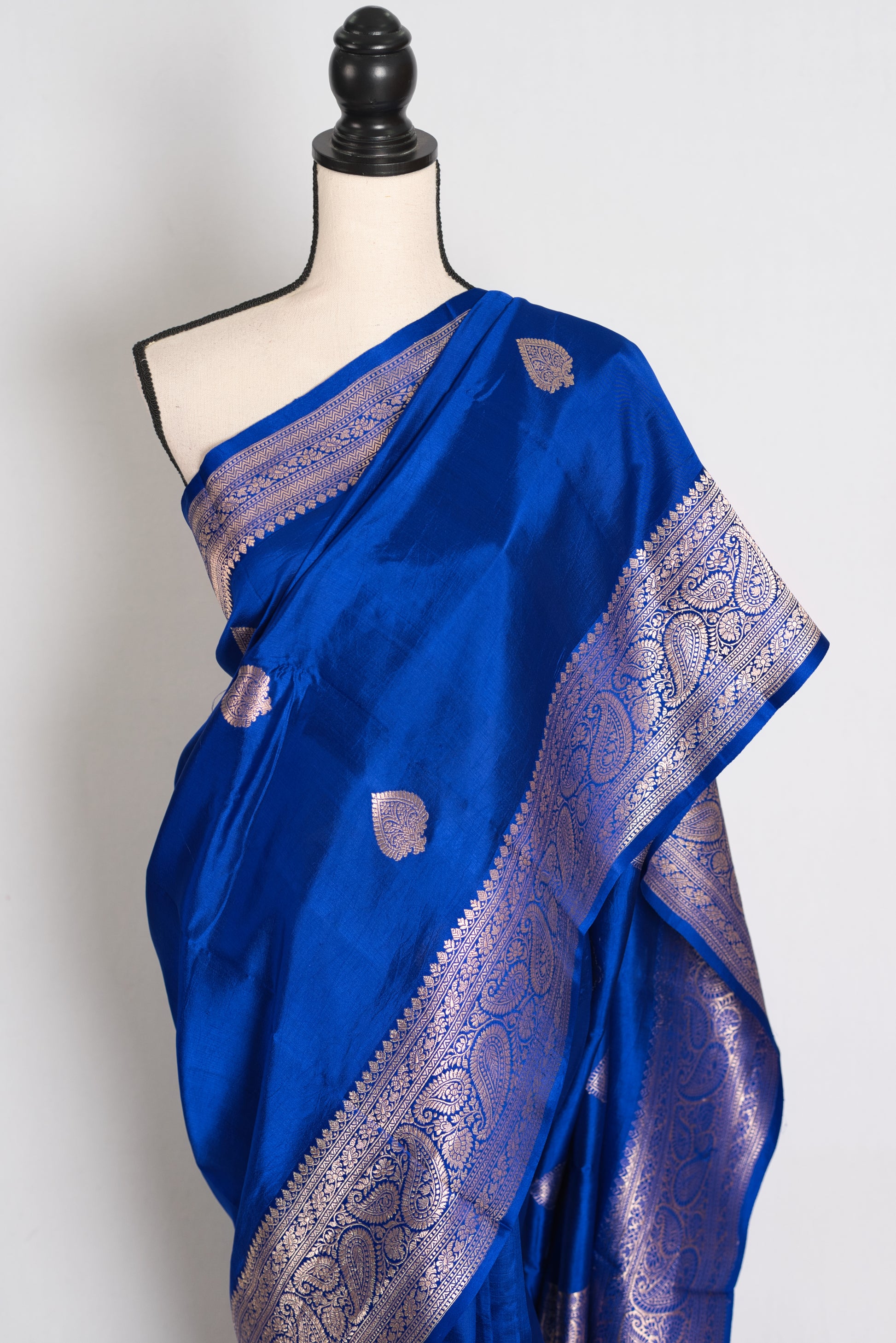 Sumaira : Royal Blue Pure Satin Silk Banarasi Saree with Silver-Gold Zari image 6