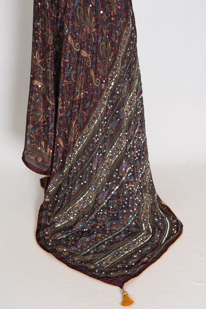 Nirja | Purple Kalamkari Printed Mirror Work Saree | Soft Semi Modal Silk image 1