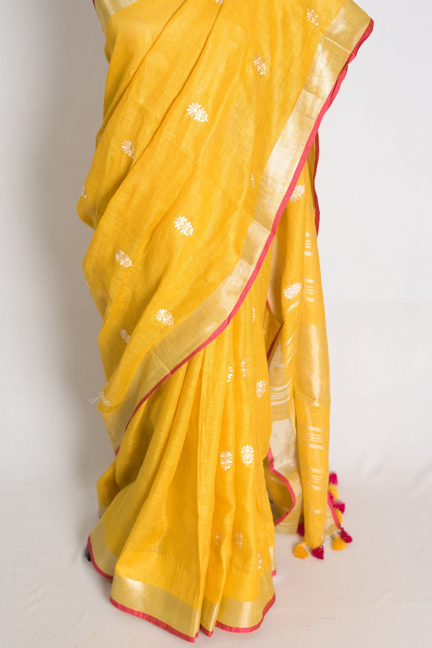 Diya : Yellow Machine Embroidered Pure Linen Saree with Silver Zari Border image 6
