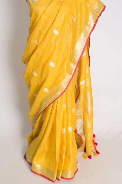 Diya : Yellow Machine Embroidered Pure Linen Saree with Silver Zari Border image 6