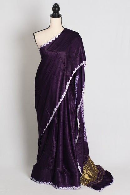 Nadia : Eggplant Purple Modal Silk Saree with Hand Shibori Border image 0