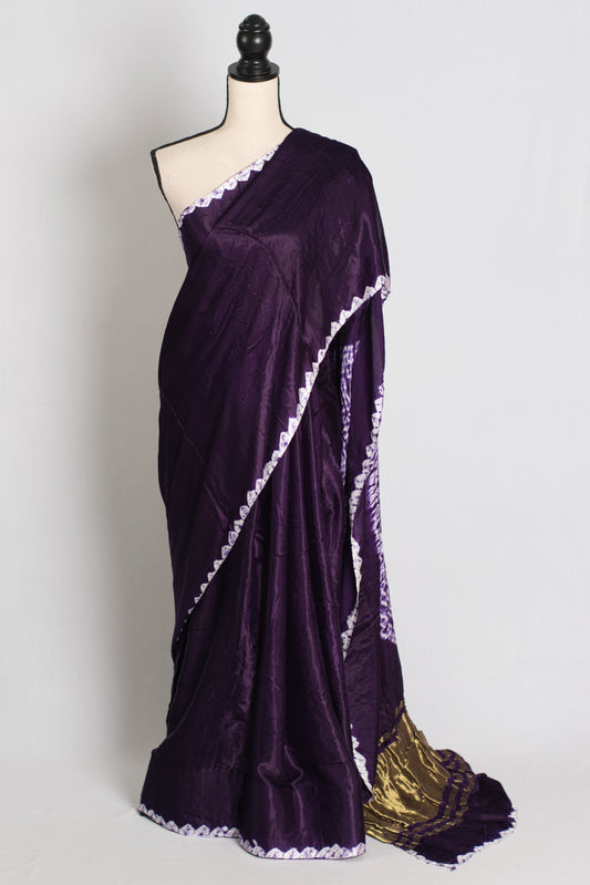 Nadia : Eggplant Purple Modal Silk Saree with Hand Shibori Border image 0