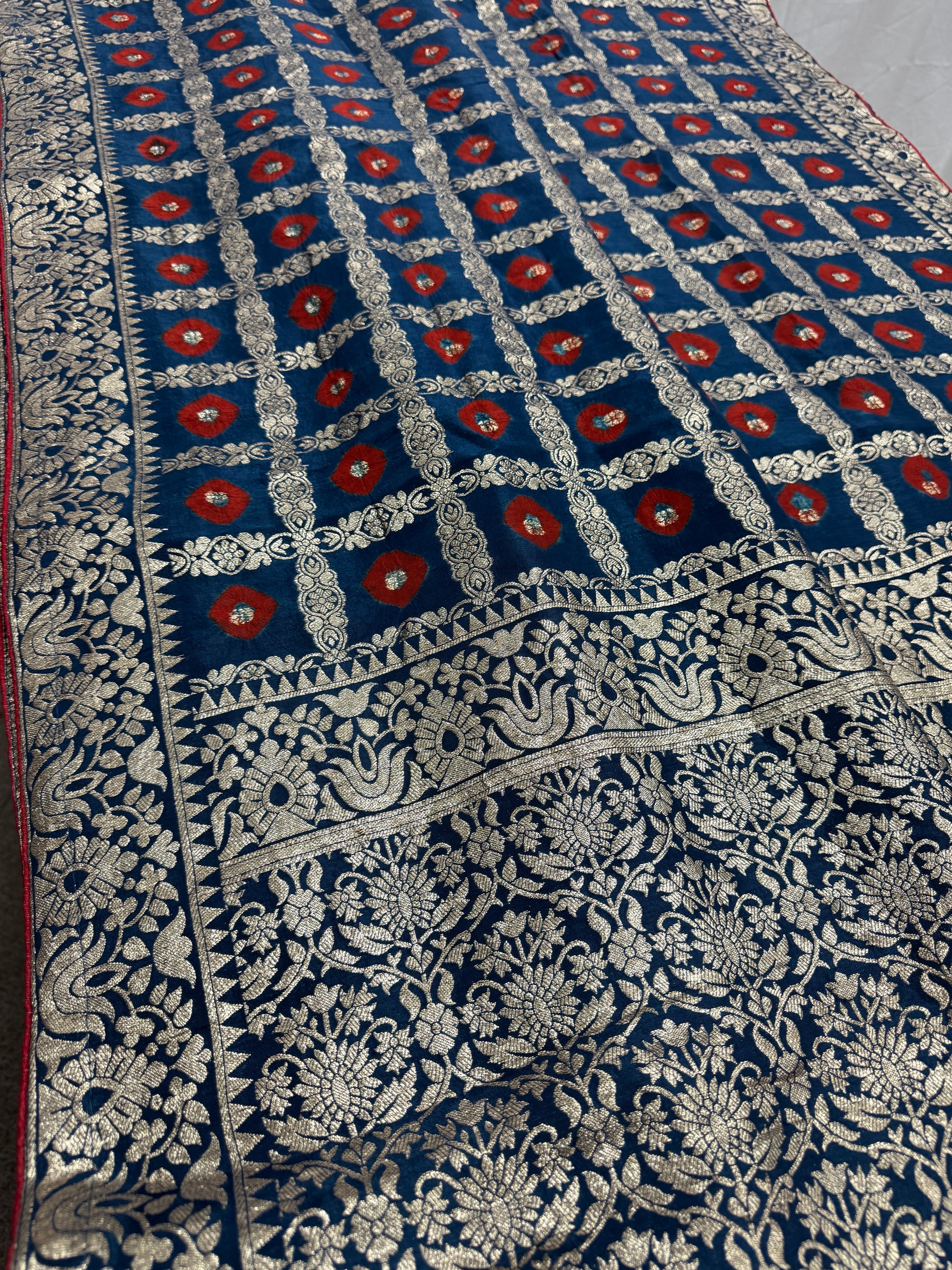 Parul | Dark Blue & Red Gharchola Banarasi Saree | Silver Zari Dola Silk image 4