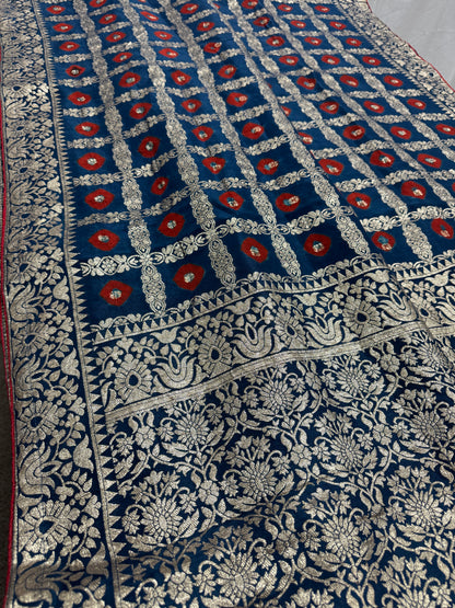 Parul | Dark Blue & Red Gharchola Banarasi Saree | Silver Zari Dola Silk image 4