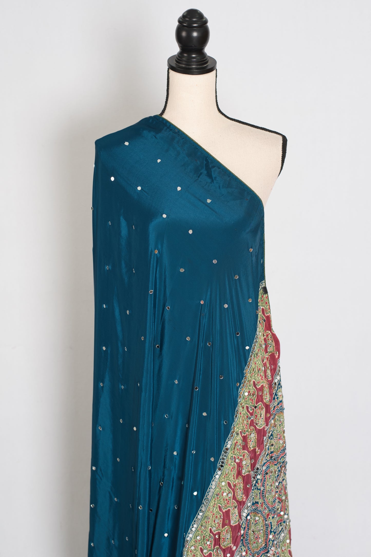 Ira | Teal Blue Mirror Work Partywear Saree | Ajrakh Printed Pallu & Blouse image 4