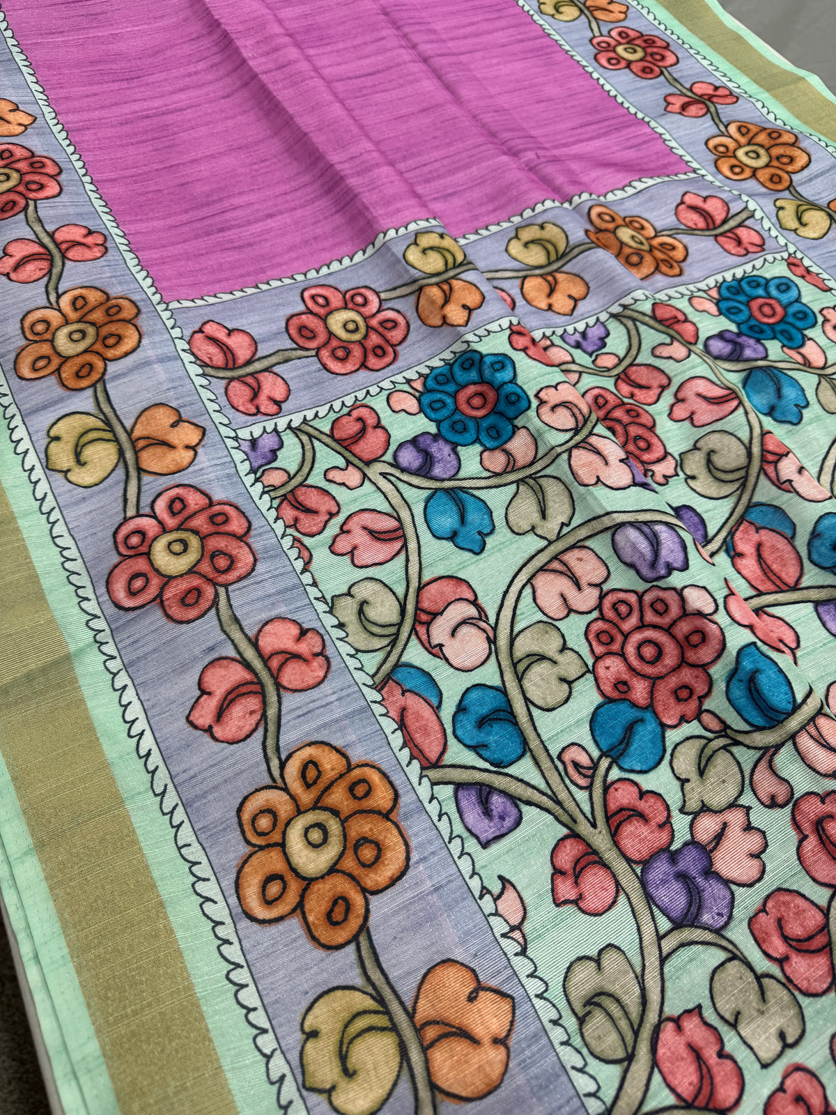 Neha: Vibrant Pink & Grey Semi Tussar Silk Saree | Floral Kalamkari Print image 0