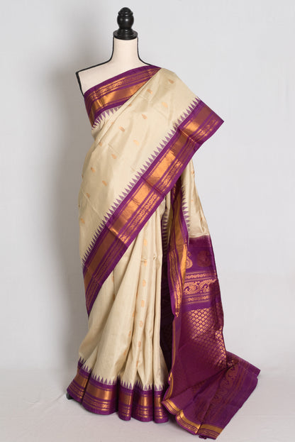 Sree : Clay White and Purple Handwoven Gadwal Silk Saree with Gold Zari image 0