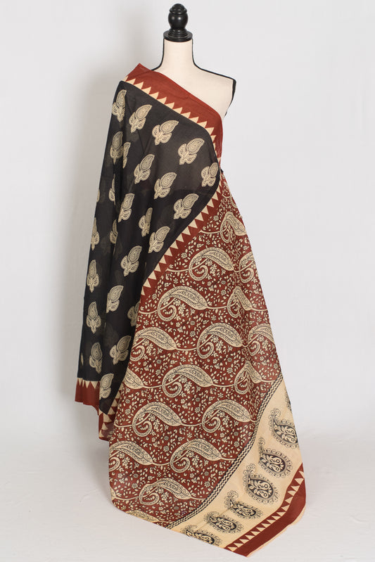 Kajal: Black Mulmul Cotton Saree with Kalamkari Prints | Pure Bengali Cotton image 1