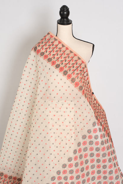 Jaya: Cream & Peach 100% Pure Cotton Jamdani Saree image 4