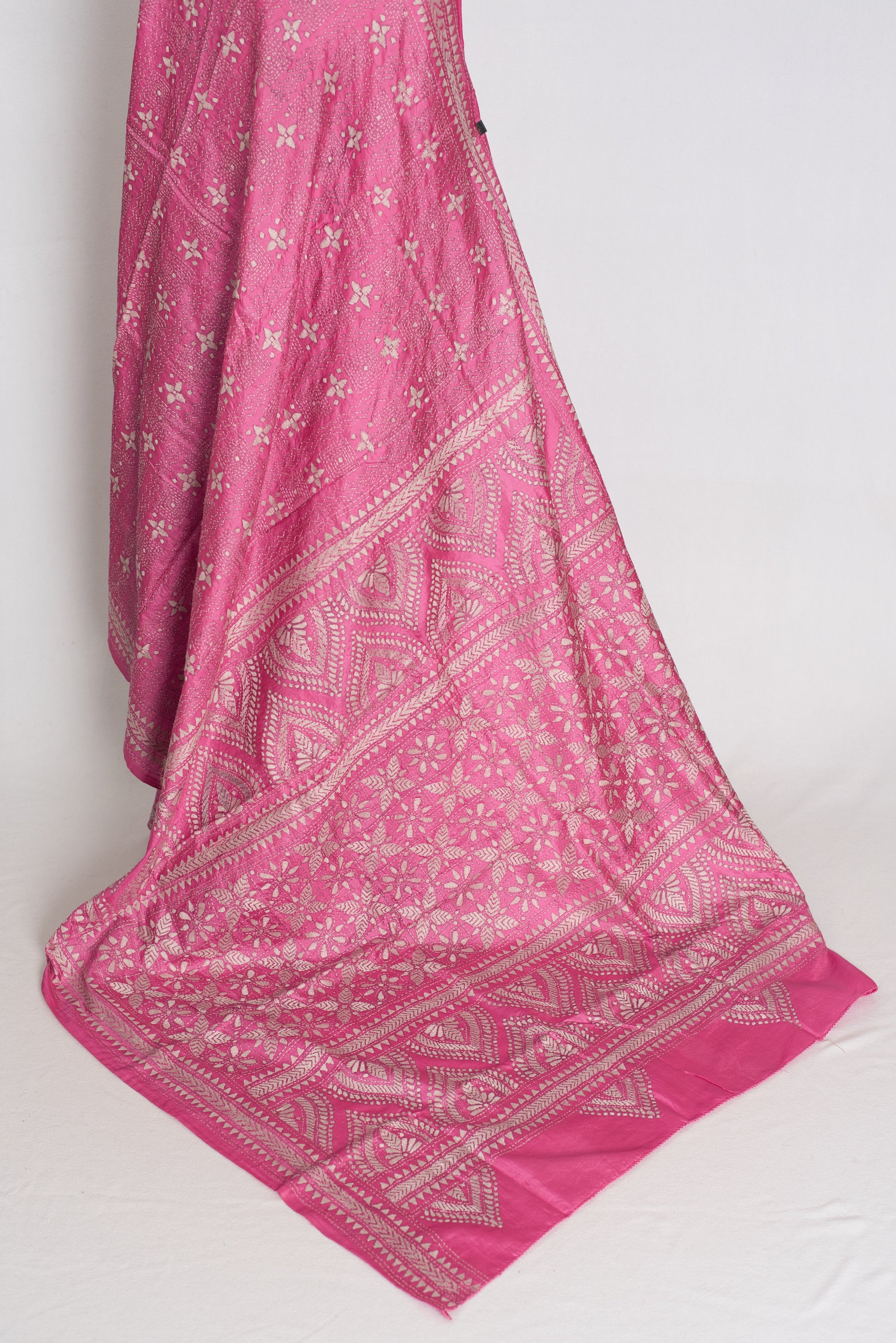 Bidisha : Vibrant Pink Hand Embroidered Kantha Stitch Pure Bangalore Silk Saree image 4