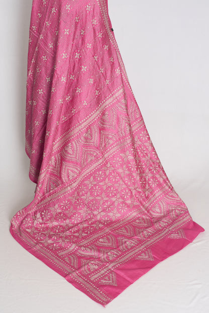 Bidisha : Vibrant Pink Hand Embroidered Kantha Stitch Pure Bangalore Silk Saree image 4