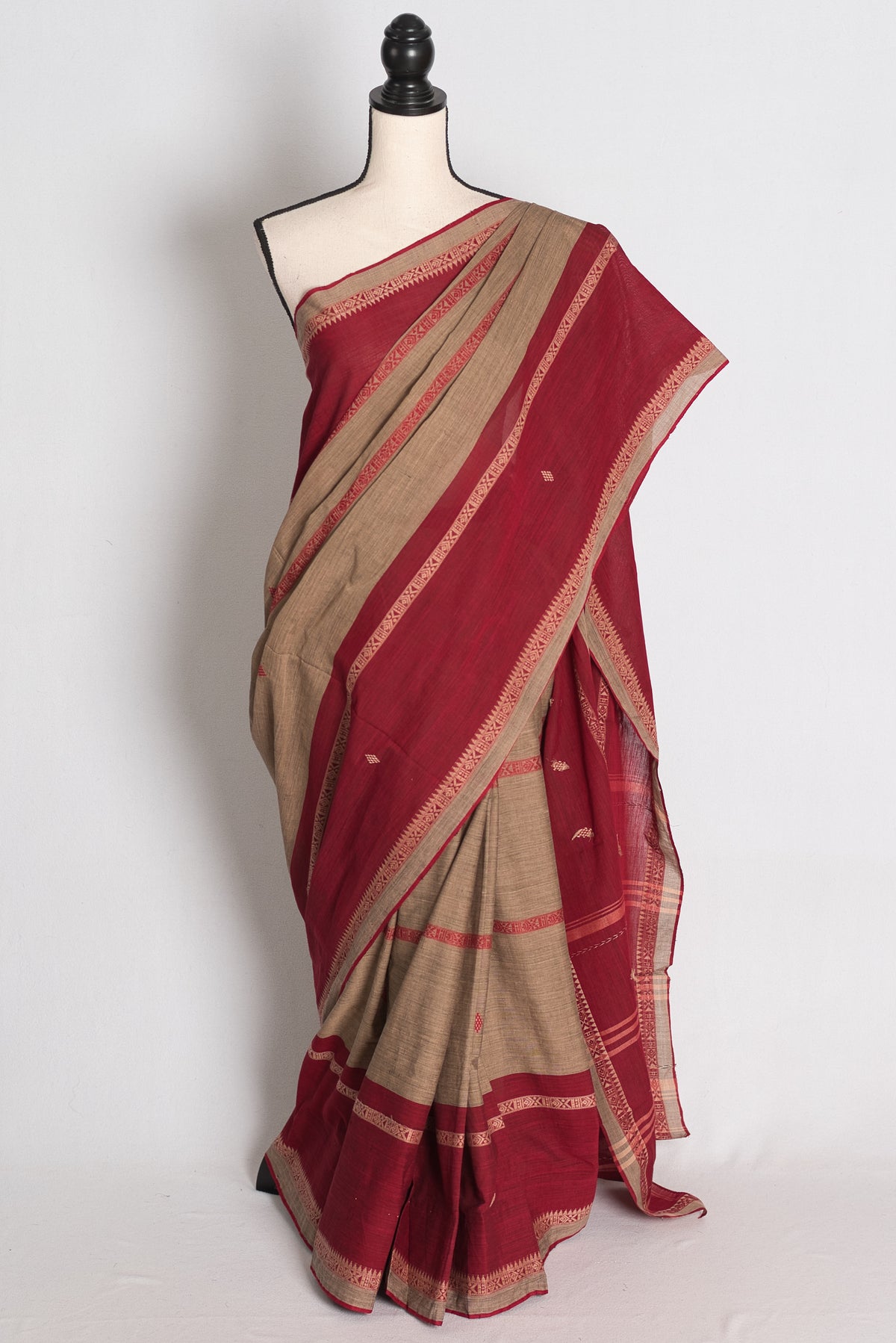 Rita: Brown and Dark Red Soft Cotton Dhaniakhali Saree image 0