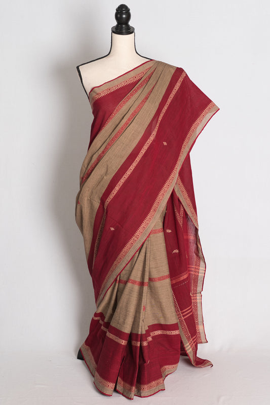 Rita: Brown and Dark Red Soft Cotton Dhaniakhali Saree image 0