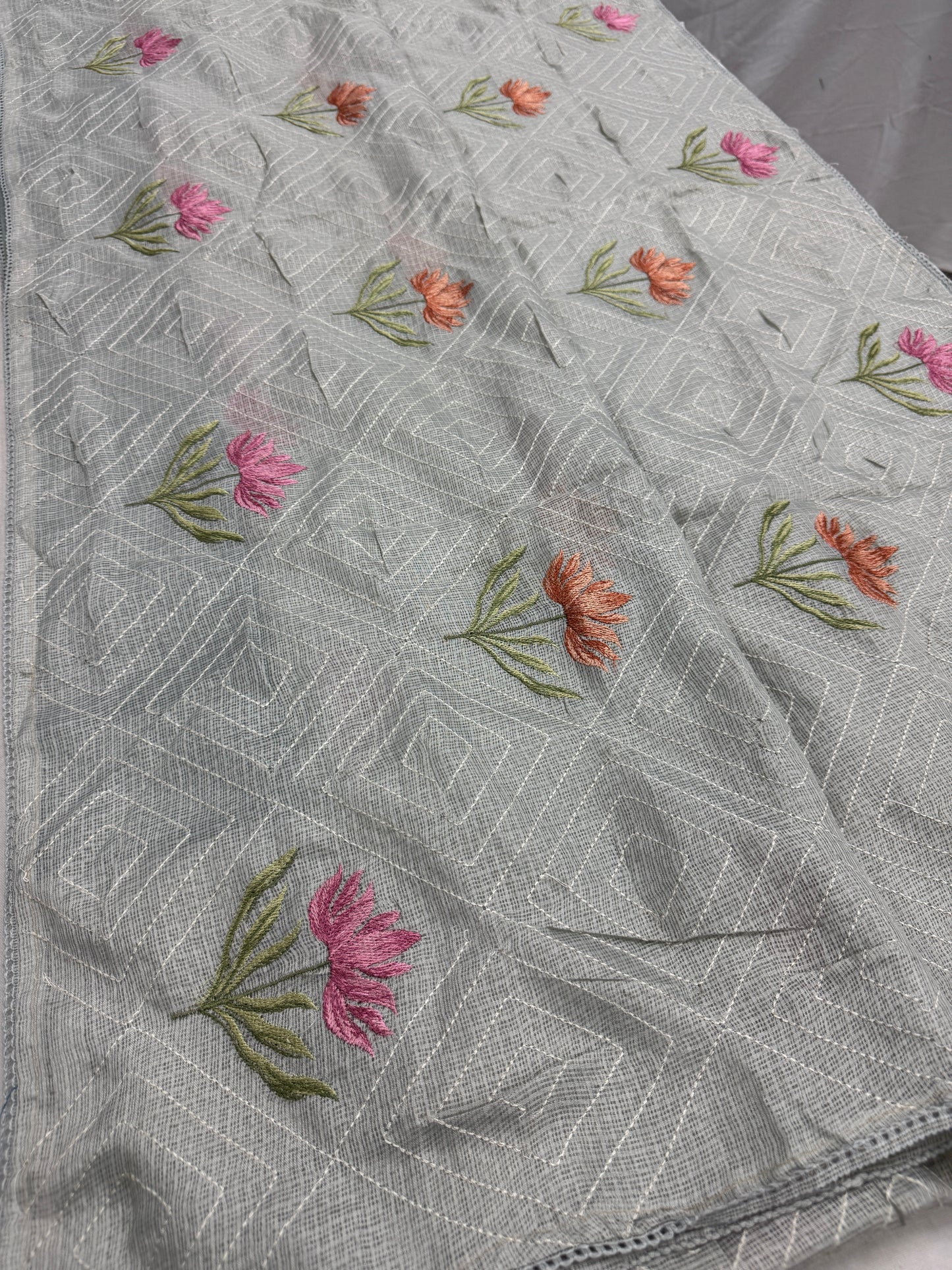 Jessica | Soft Grey Semi Kota Silk Saree | Pastel Floral Machine Embroidery image 4
