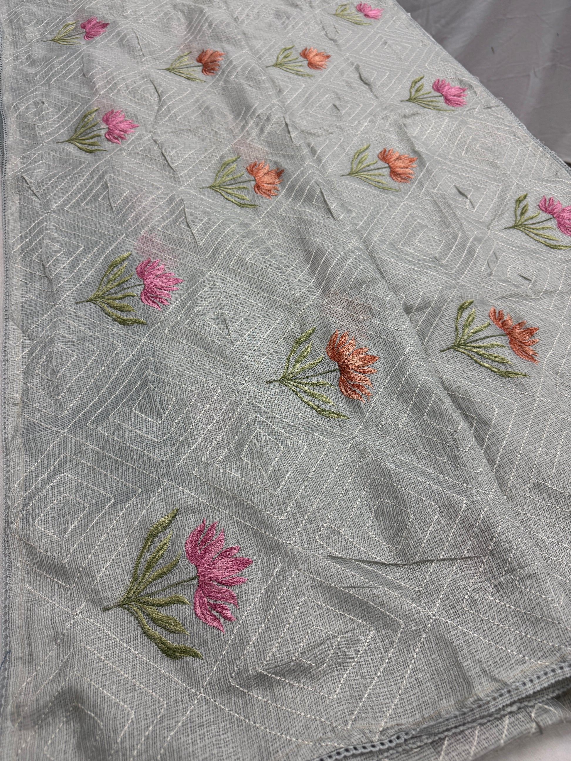 Jessica | Soft Grey Semi Kota Silk Saree | Pastel Floral Machine Embroidery image 4