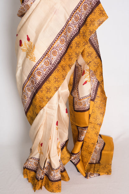 Mati : Cream and Mustard Yellow Printed Pure Silk Saree with 38 Size Blouse image 7