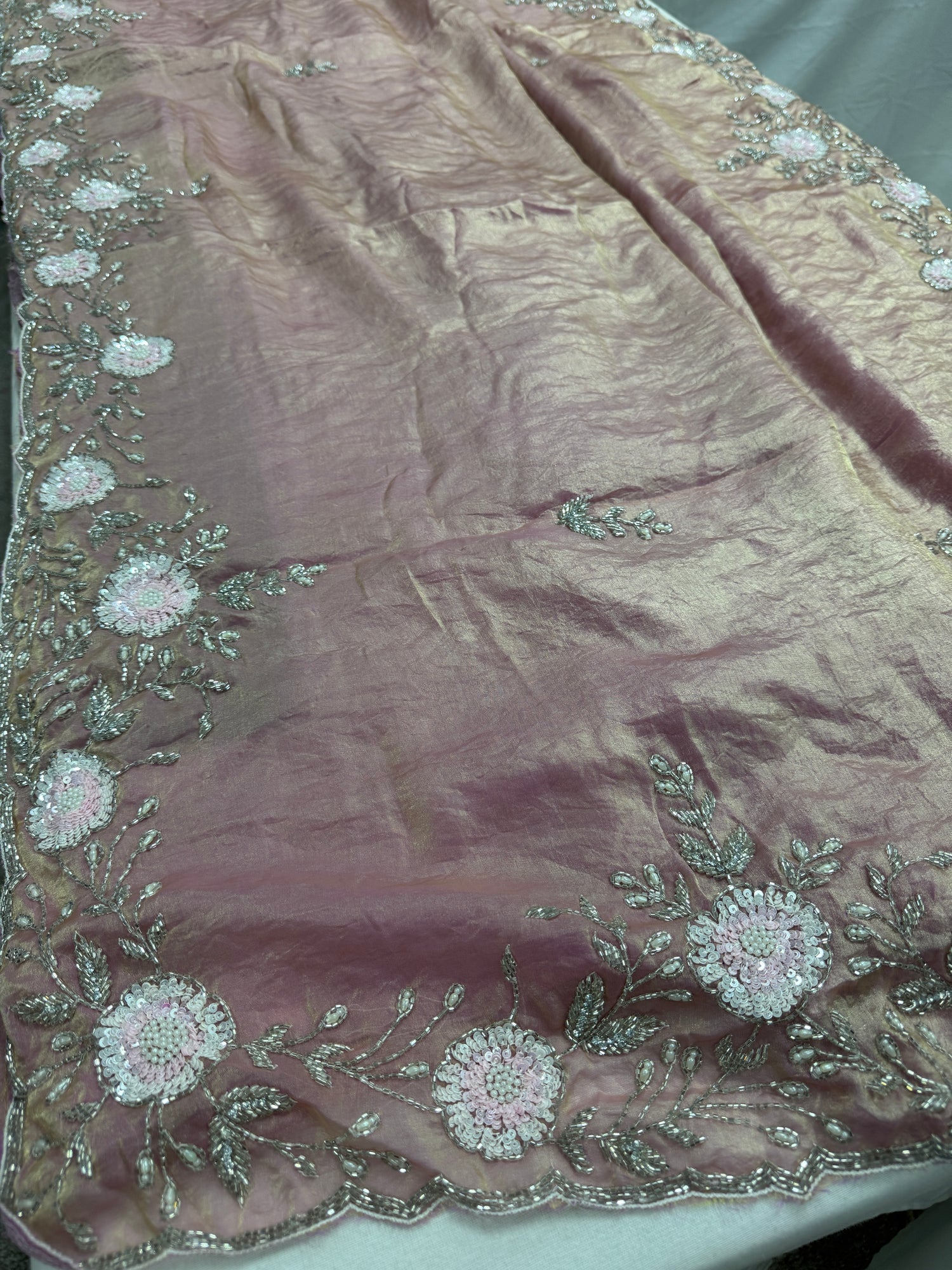 Mahi : Hand Embroidery Soft Tissue Designer Saree in Frosted Pink image 0