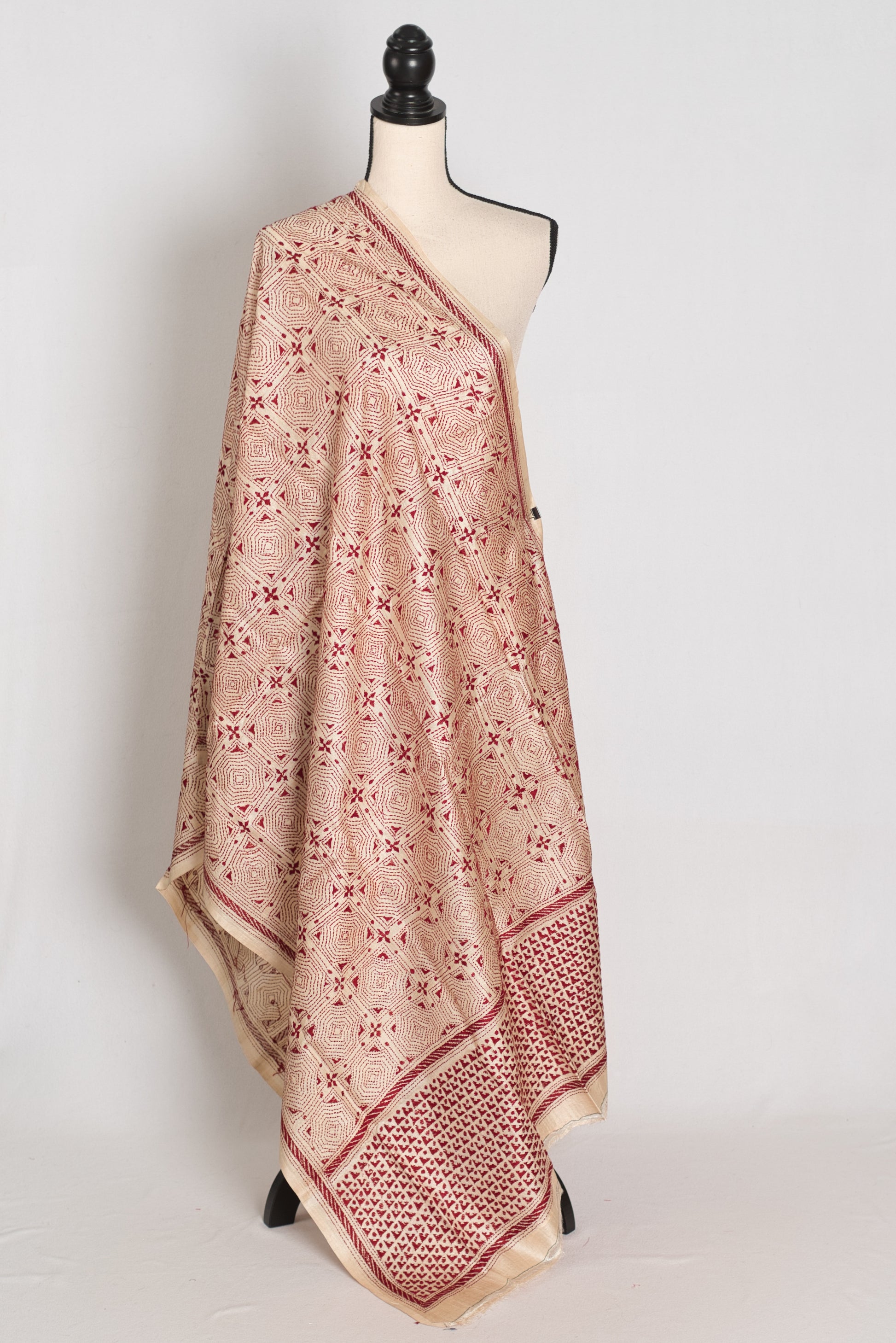 Hand Embroidered Beige & Red Gachi Tussar Silk Kantha Dupatta | Vibha image 0