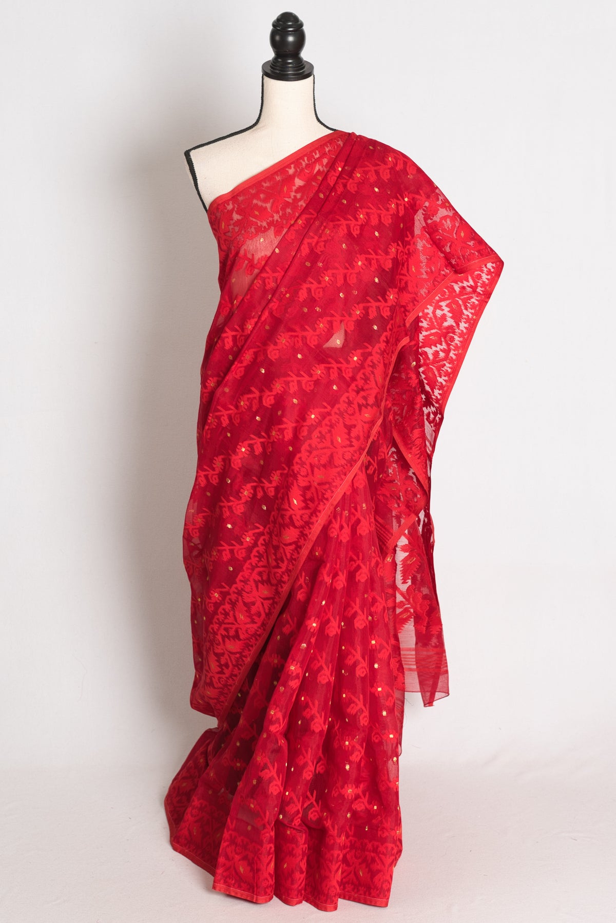 Ishq : Crimson Red and Gold Soft Blended Cotton Bengali Jamdani Saree image 0
