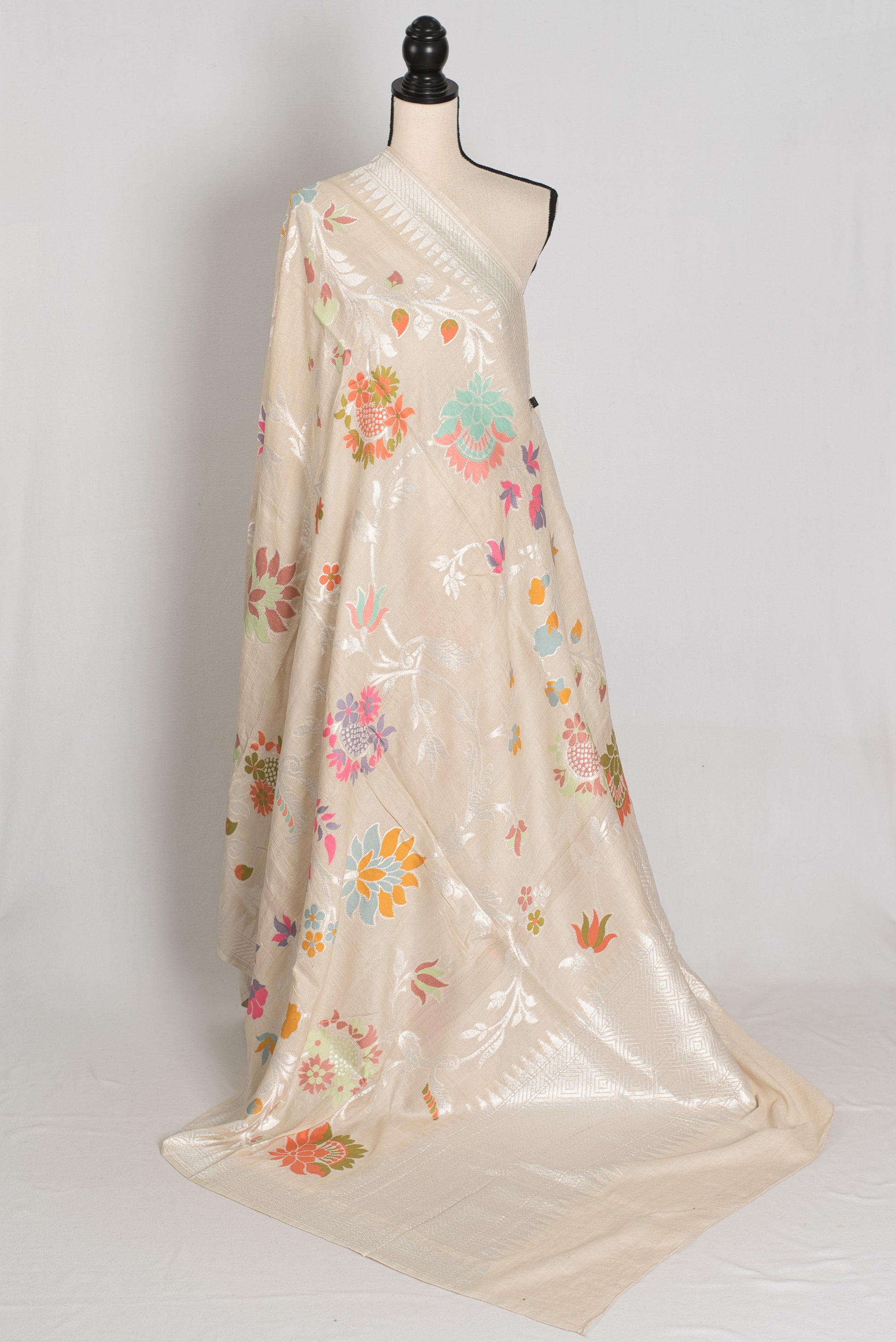 Nidhi : Beige & Silver Tussar Georgette Banarasi Saree with Minakari Florals image 1