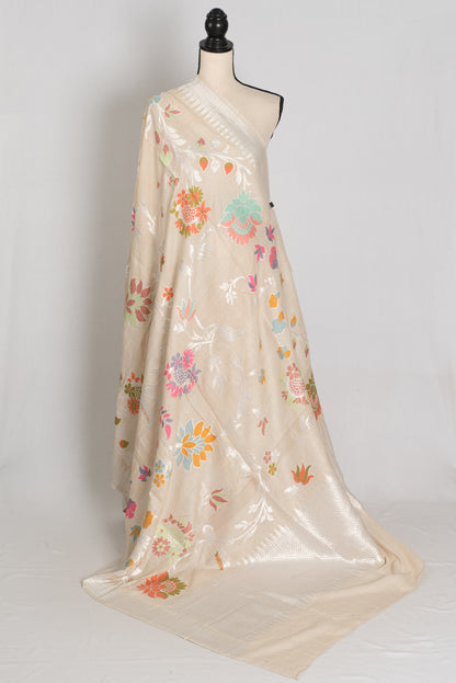 Nidhi : Beige & Silver Tussar Georgette Banarasi Saree with Minakari Florals image 1