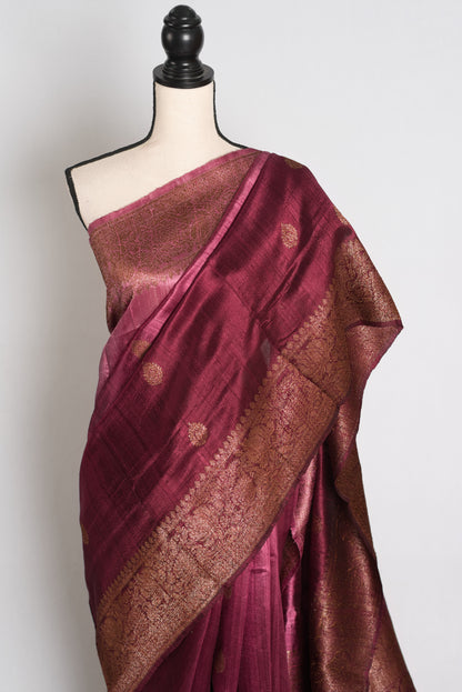 Farah : Pink & Wine Ombre Raw Silk Handloom Banarasi Saree | Silk Mark Certified image 6