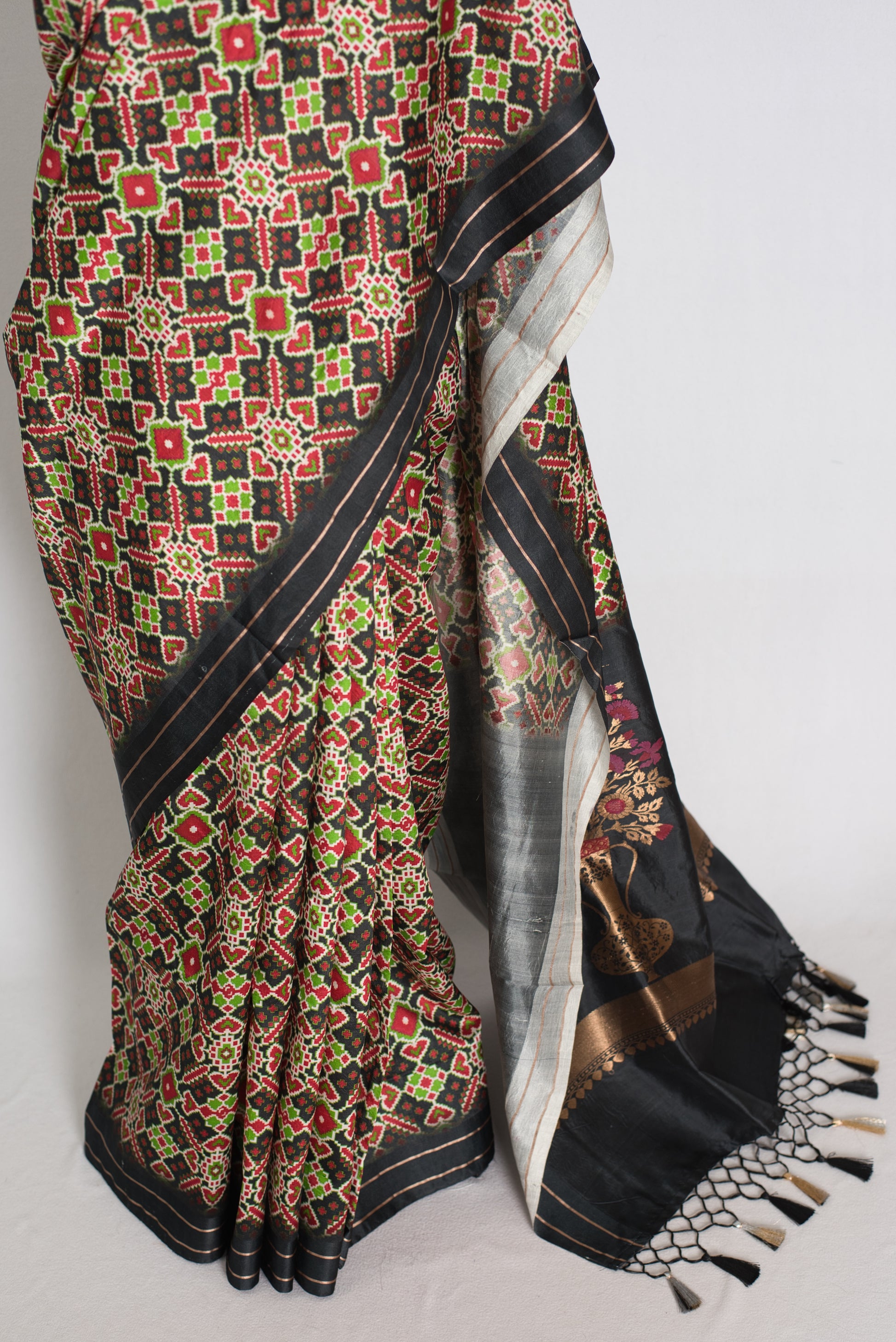 Kriti : Black and Gold Contemporary Ikkat Print Banarasi Katan Silk Saree image 5