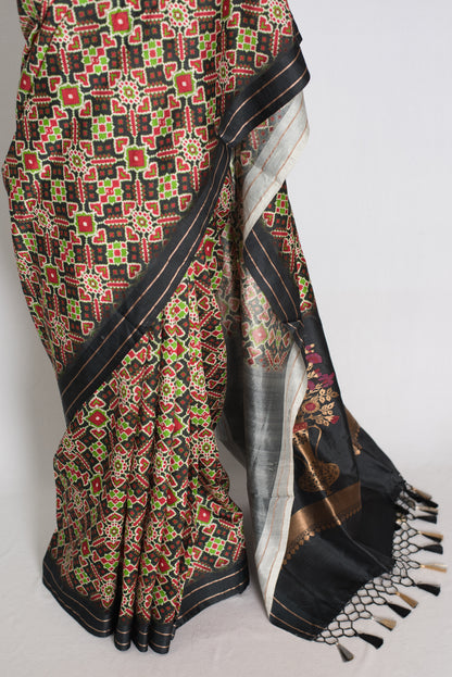 Kriti : Black and Gold Contemporary Ikkat Print Banarasi Katan Silk Saree image 5
