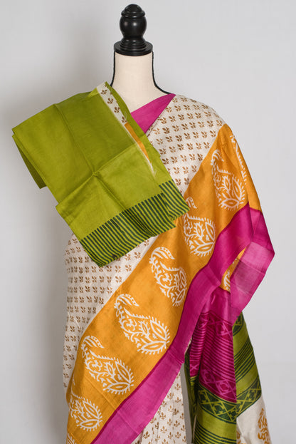 Basanti : Off-White, Pink and Yellow Hand Block Printed Murshidabad Silk Saree image 2
