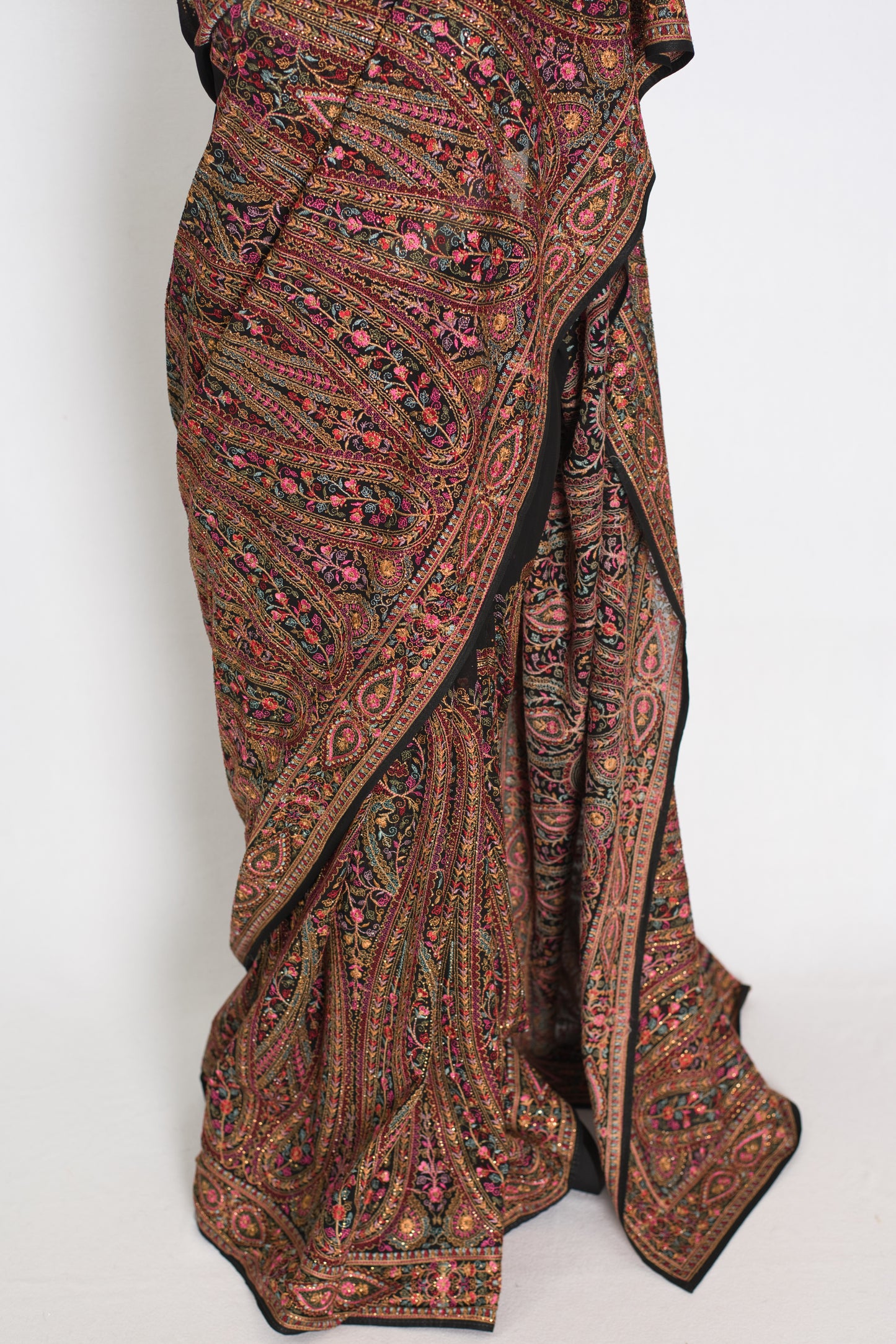 Pritha | Black Georgette Saree | All-Over Intricate Kashmiri Embroidery Jaal image 6