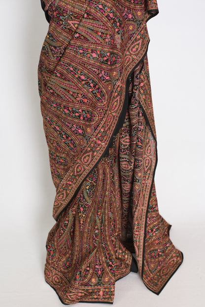 Pritha | Black Georgette Saree | All-Over Intricate Kashmiri Embroidery Jaal image 6