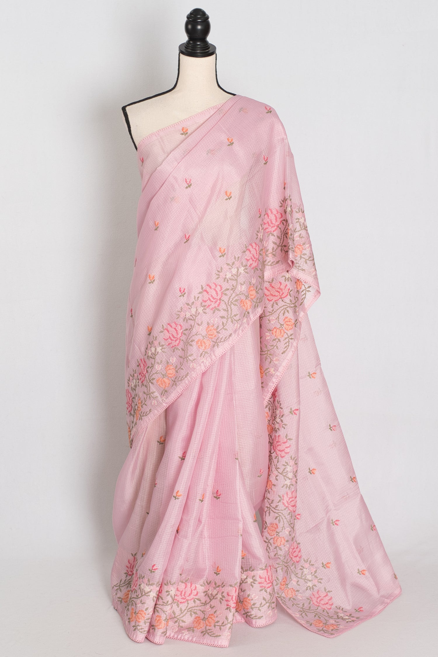 Priya | Baby Pink Blended Kota Silk Saree | Floral Cross Stitch Embroidery image 0