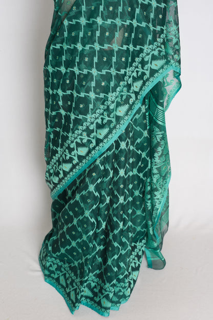 Siya : Emerald Green Soft Blended Cotton Jamdani Saree image 5