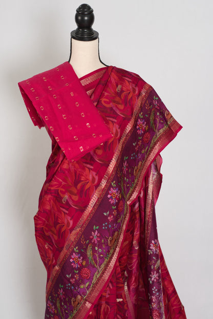 Stuti | Dark Rose Pink Dola Silk Banarasi Saree | Contrast Purple Floral Printed image 2