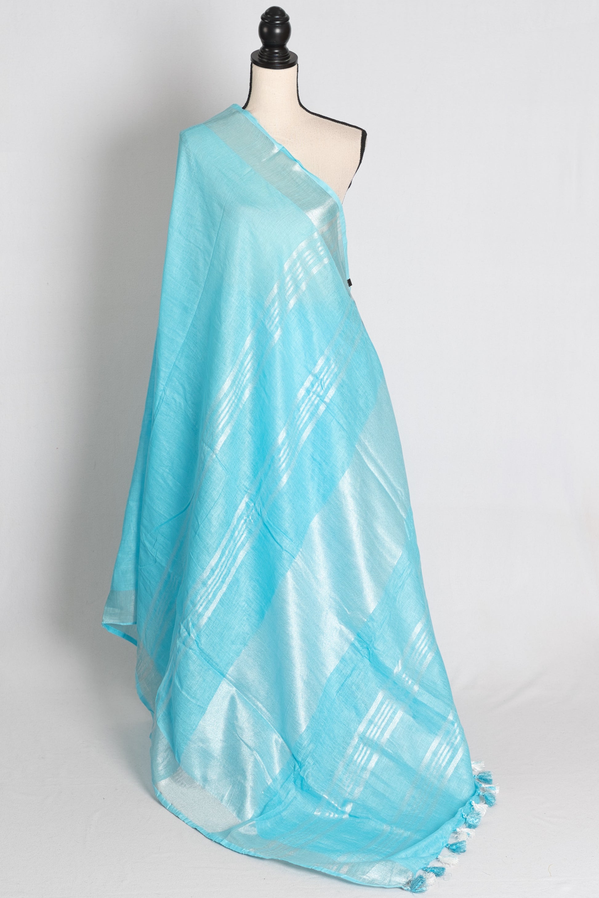 Arusi : Sky Blue Pure Linen Saree with Silver Zari Border image 1