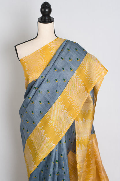 Sanj : Exclusive Hand Block Printed Bishnupur Silk Saree in Grey and Yellow image 5