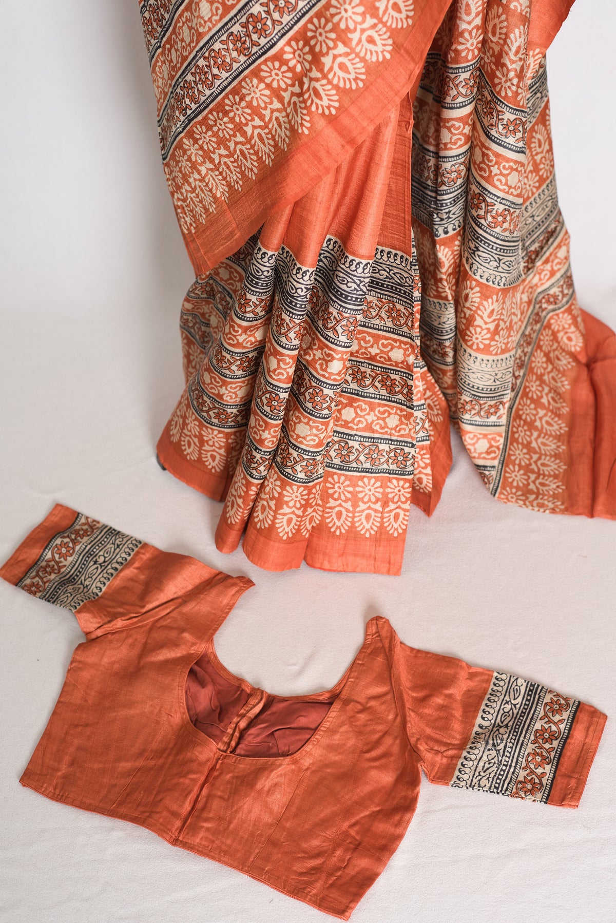 Indu : Orange Block Printed Pure Tussar Silk Saree with 38 Size Blouse image 2