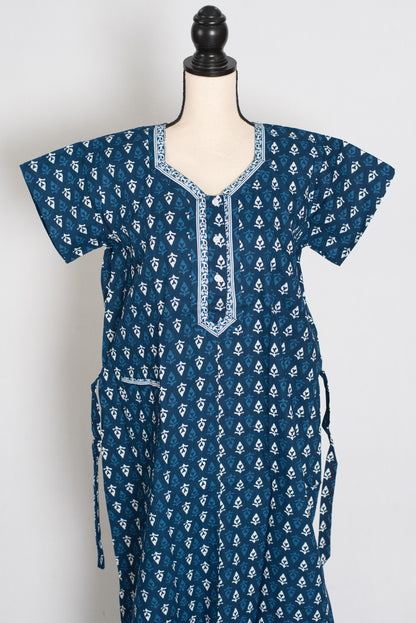 Indigo Blue Leaf Block Print Pure Cotton Indian Nightgown image 0